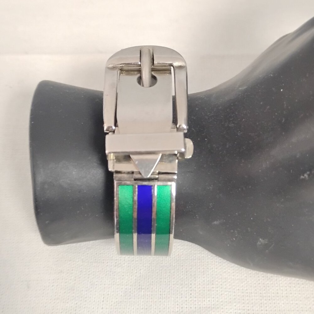 ❤️Beautiful Vintage FF MADE IN ITALY Green Navy Enamel Belt Buckle Bracelet 7.5